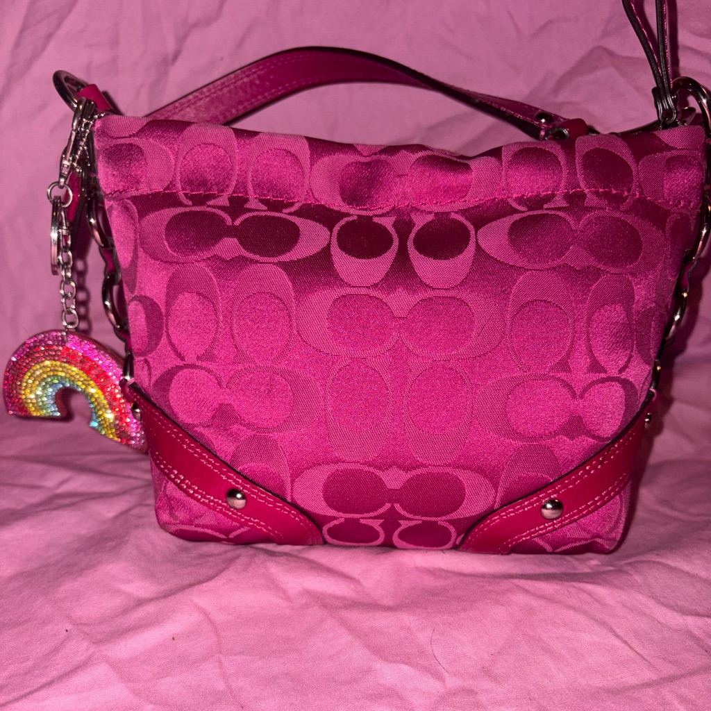 Coach Signature Carly Fuchsia Pink Patent Leather Trim Bag F1069-F44143